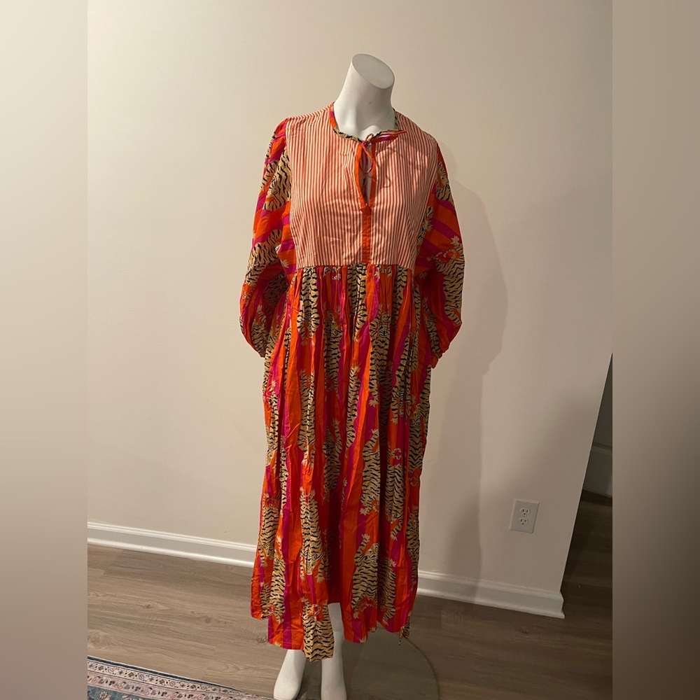 Boho Vibrant Orange and Pink Women's Dress cotyon made in India size small